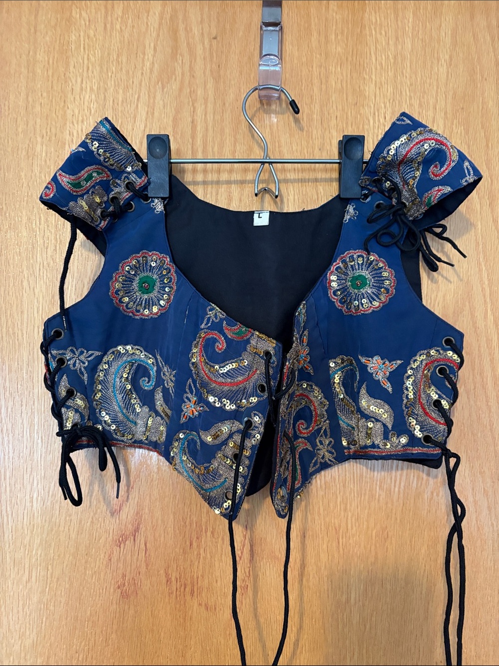 Embroidered Navy Paisley Tie-Front bellydance top